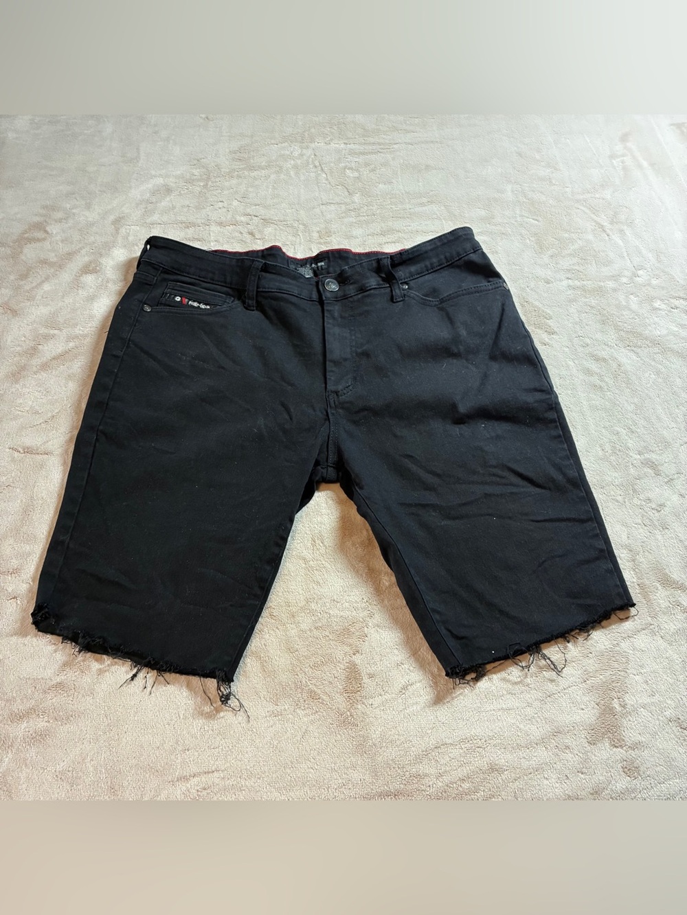 Fried Denim Men's Black Skinny Denim Shorts Raw Hem Cut Off Jorts Size 38x10"